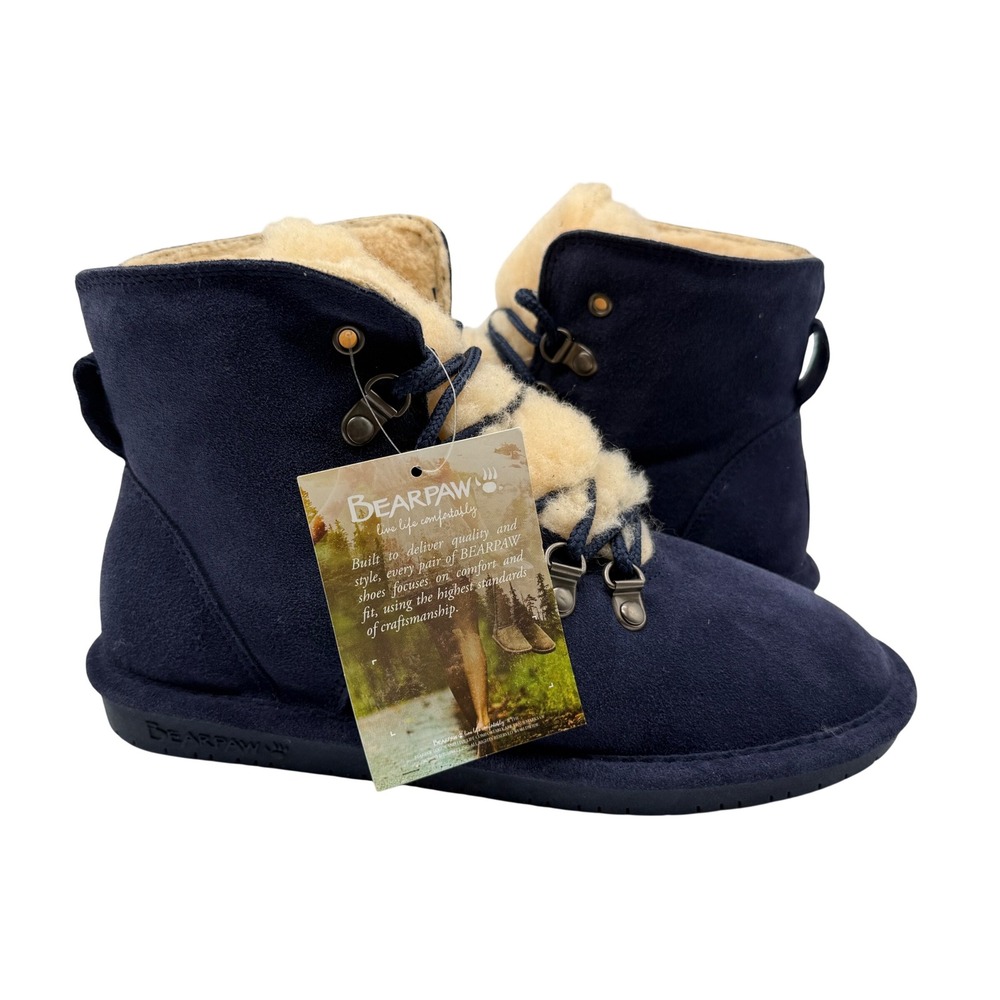 Bearpaw Suede Lace Up Boots Womens 8 Navy Blue New Sheepskin Fur Trim 2198W